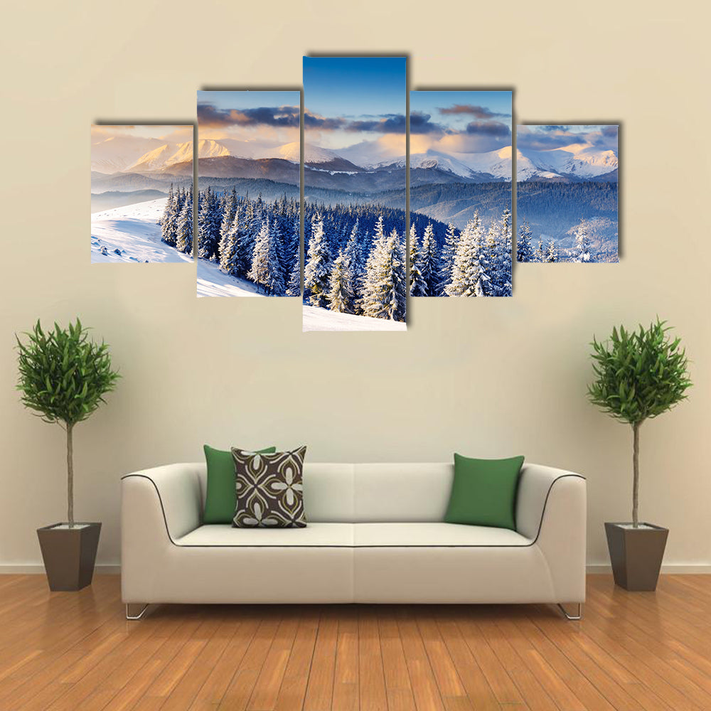 Majestic sunset in the winter mountains landscape multi panel canvas wall art