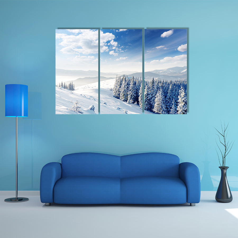 A Beautiful Winter Landscape With Snow Covered Trees Multi Panel Canvas Wall Art