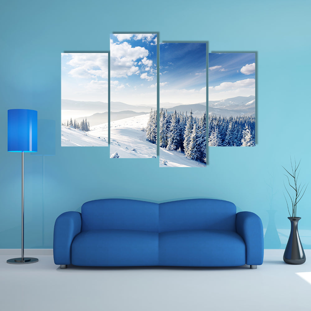 A Beautiful Winter Landscape With Snow Covered Trees Multi Panel Canvas Wall Art