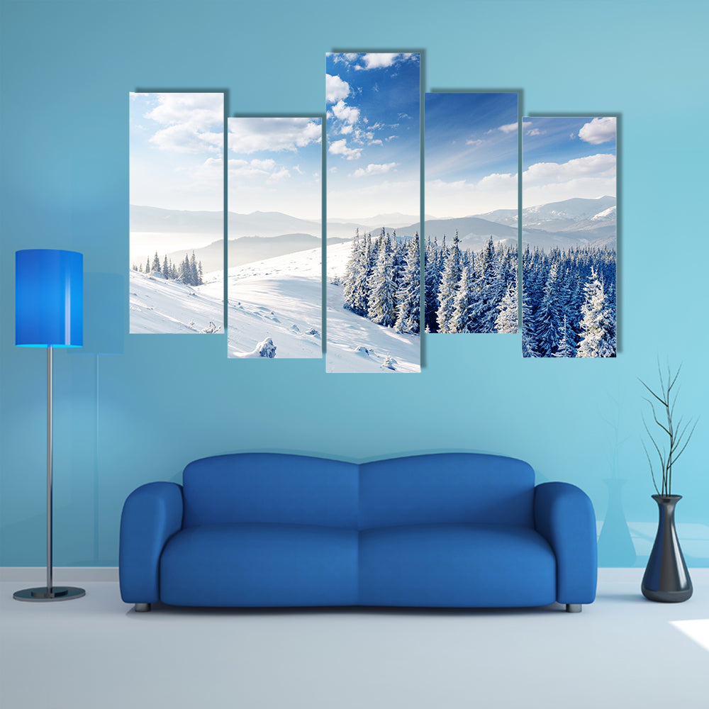 A Beautiful Winter Landscape With Snow Covered Trees Multi Panel Canvas Wall Art
