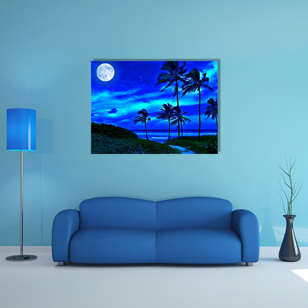 Romantic Tropical Beach At Night With A Bright Full Moon Multi Panel Canvas Wall Art