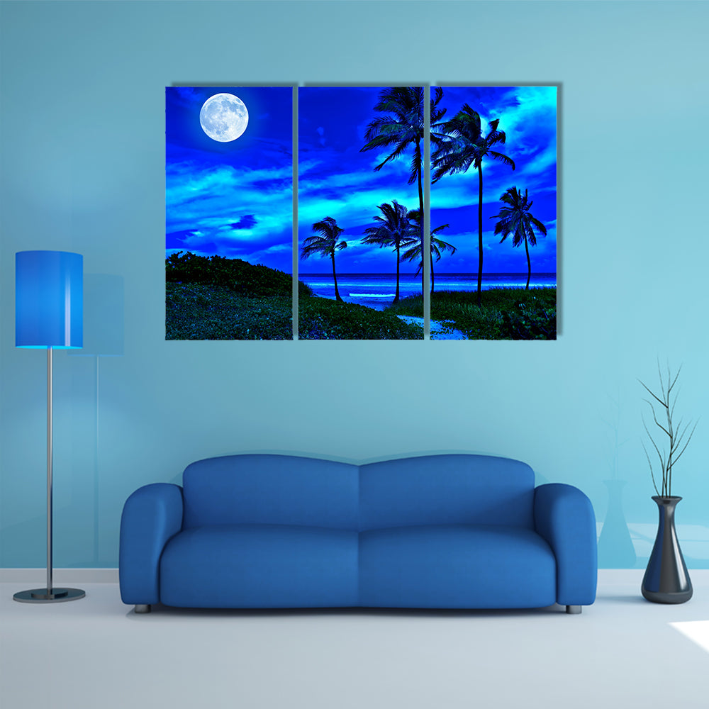 Romantic Tropical Beach At Night With A Bright Full Moon Multi Panel Canvas Wall Art