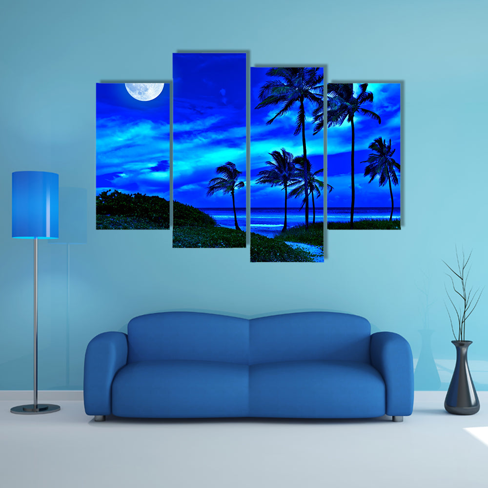 Romantic Tropical Beach At Night With A Bright Full Moon Multi Panel Canvas Wall Art