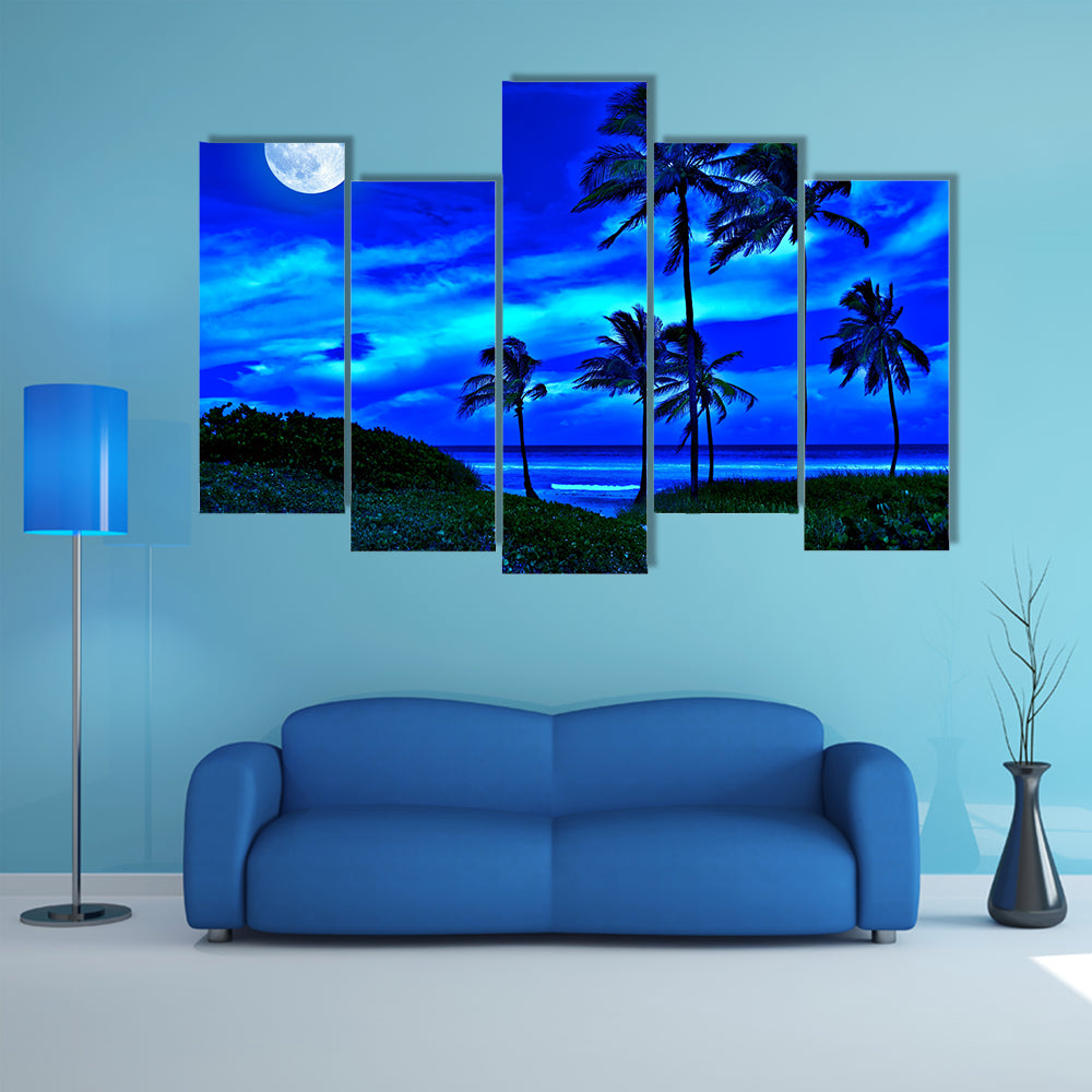 Romantic Tropical Beach At Night With A Bright Full Moon Multi Panel Canvas Wall Art