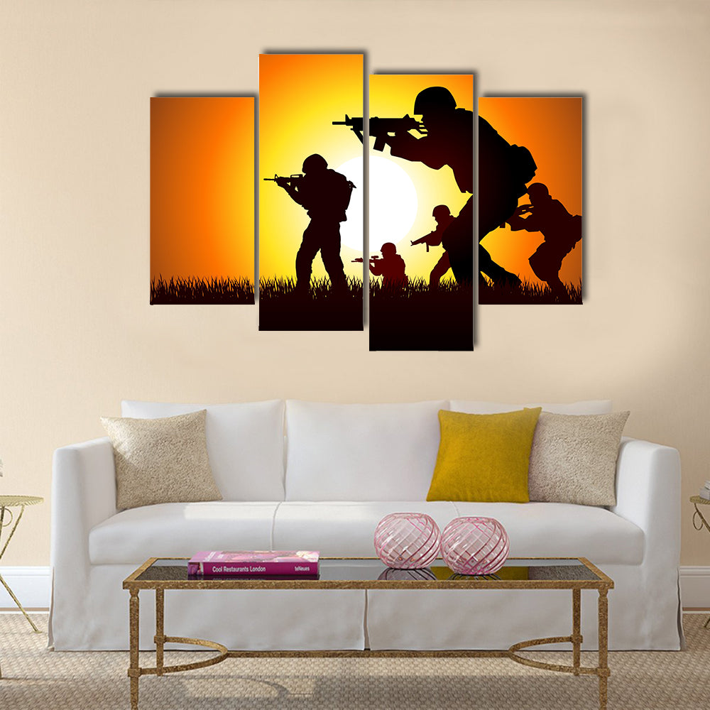 Silhouette illustration of a group of soldiers in assault formation Multi Panel Canvas Wall Art
