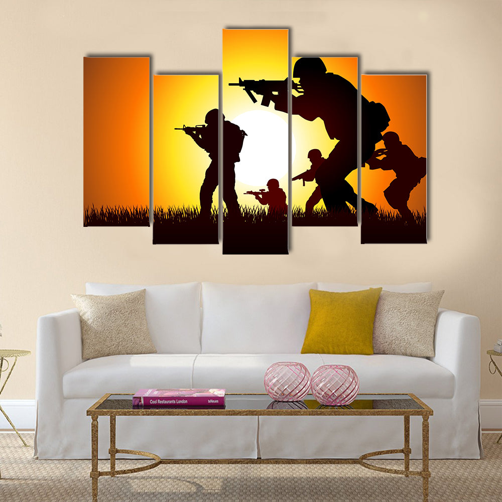 Silhouette illustration of a group of soldiers in assault formation Multi Panel Canvas Wall Art