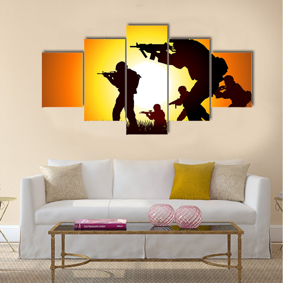 Silhouette illustration of a group of soldiers in assault formation Multi Panel Canvas Wall Art
