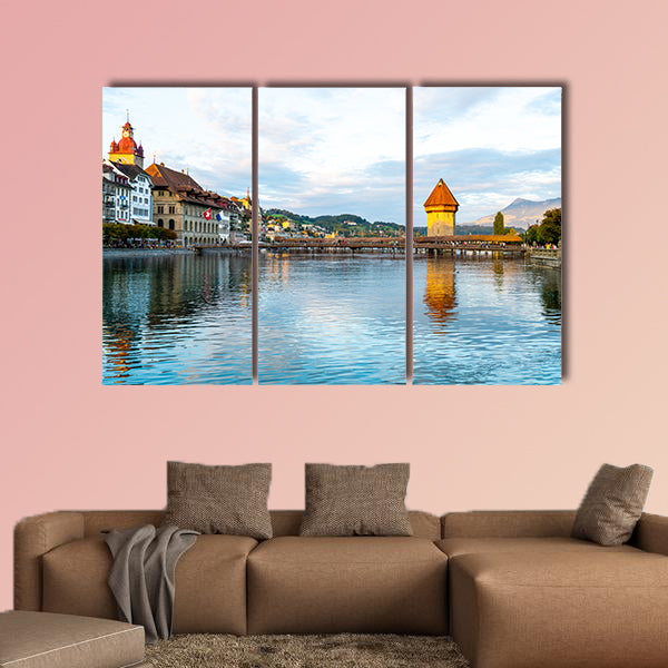 View of Luzern city, River Reuss with old building, Luzern multi panel canvas wall art