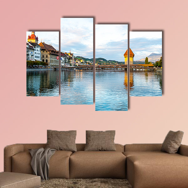 View of Luzern city, River Reuss with old building, Luzern multi panel canvas wall art