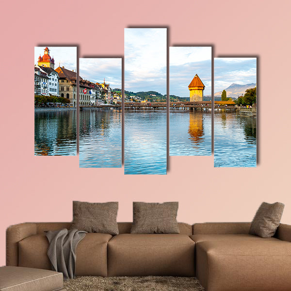 View of Luzern city, River Reuss with old building, Luzern multi panel canvas wall art