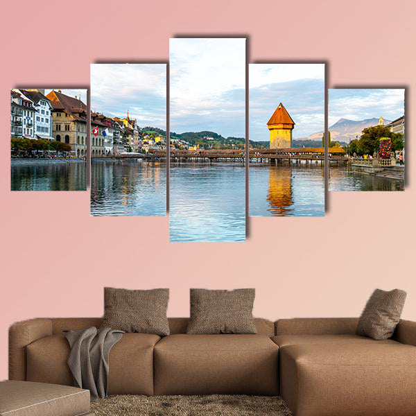 View of Luzern city, River Reuss with old building, Luzern multi panel canvas wall art
