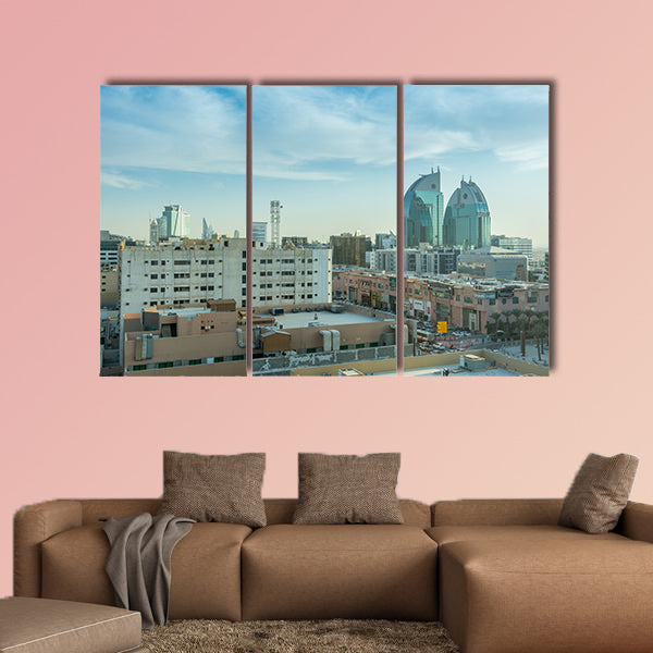 Aerial view of Dawn of Riyadh with buildings in Riyadh, Saudi Arabia multi panel canvas wall art