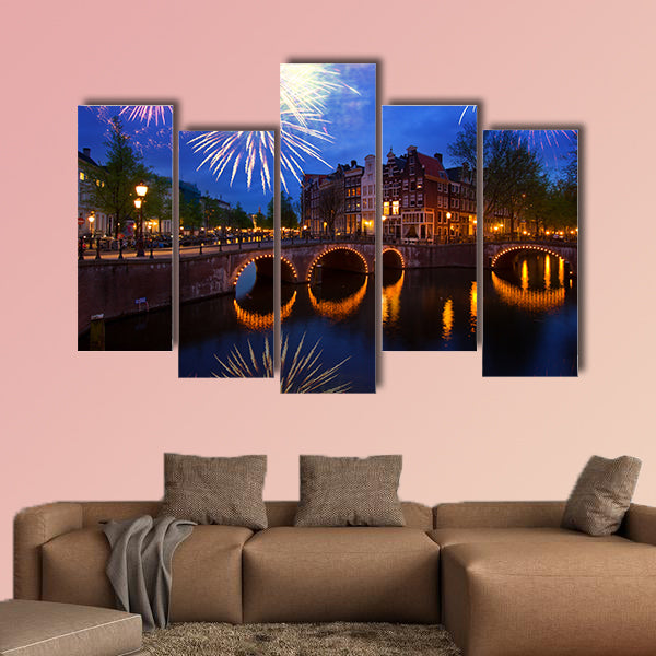 Famous canals and bridges of Amsterdam in night, Netherlands multi panel canvas wall art