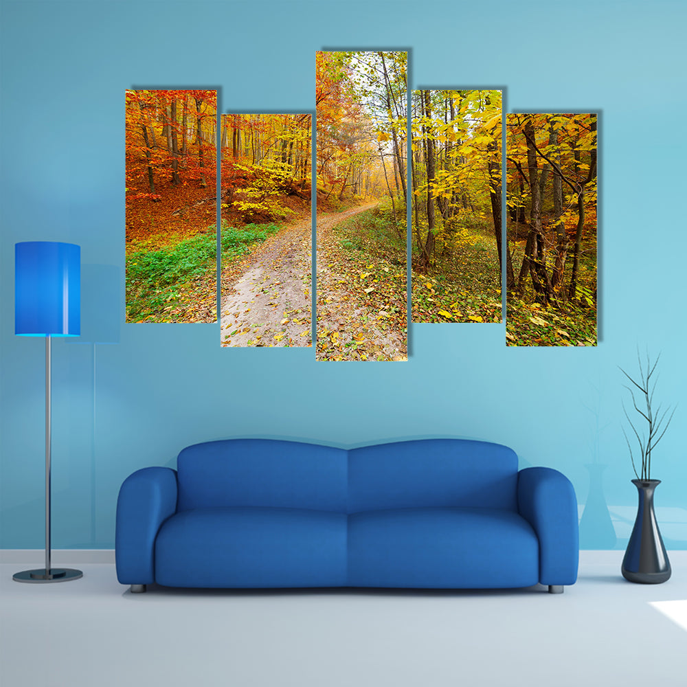 Autumn Landscape With Fallen Leaves And Shabby Forest Multi Panel Canvas Wall Art