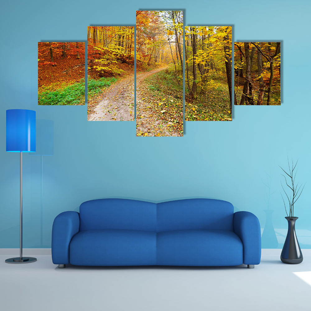Autumn Landscape With Fallen Leaves And Shabby Forest Multi Panel Canvas Wall Art