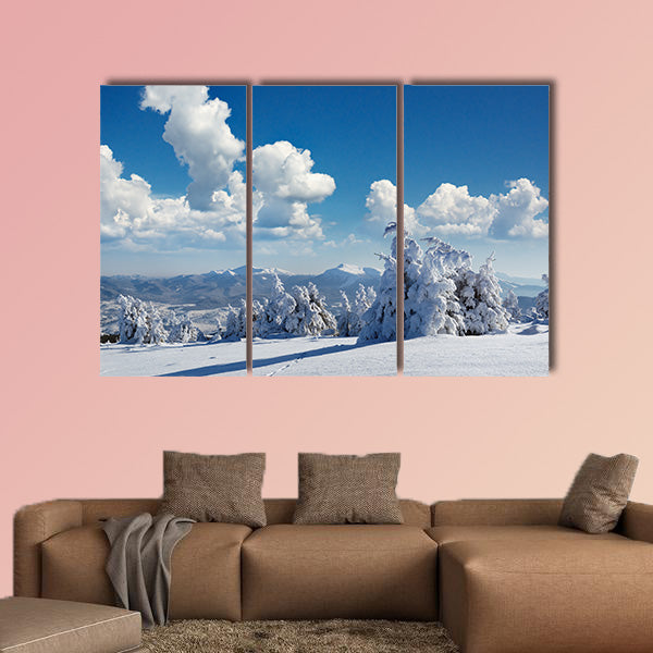 Winter landscape with fur-trees and fresh snow, multi panel canvas wall art