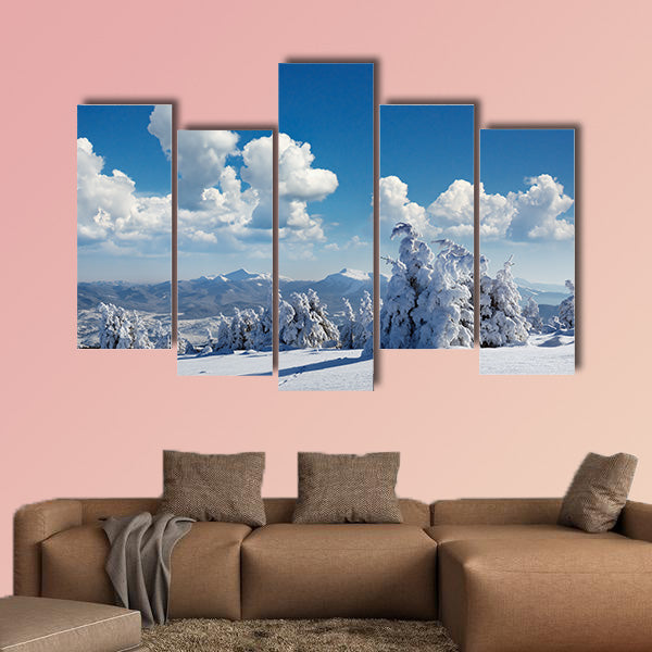 Winter landscape with fur-trees and fresh snow, multi panel canvas wall art