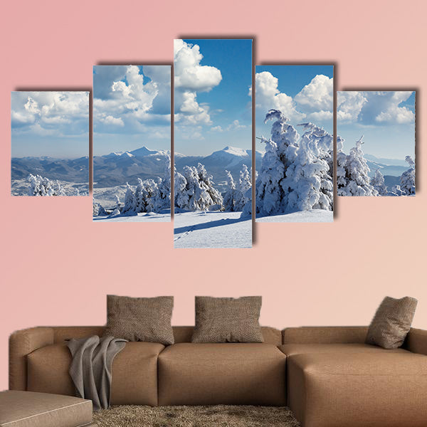 Winter landscape with fur-trees and fresh snow, multi panel canvas wall art