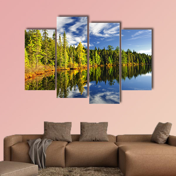 Beautiful forest reflecting on calm lake shore at Algonquin Park wall art