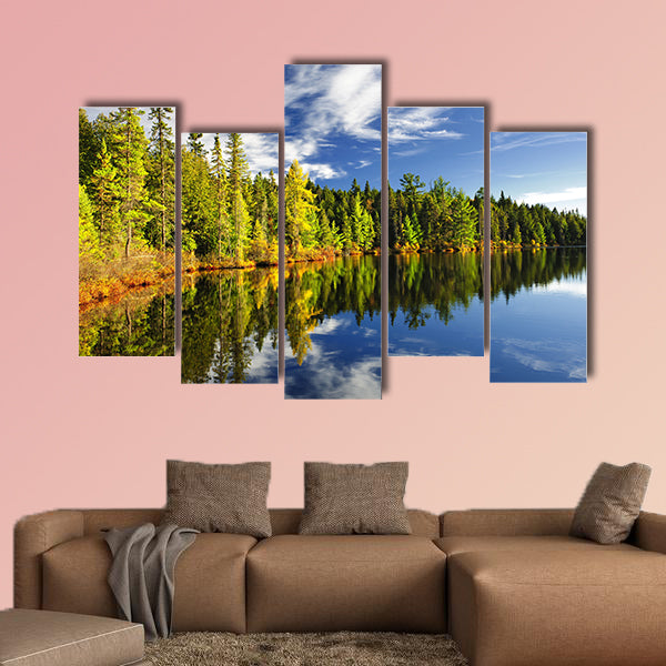 Beautiful forest reflecting on calm lake shore at Algonquin Park wall art