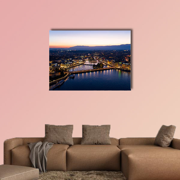 Aerial night view of Geneva city waterfront skyline in Switzerland multi panel canvas wall art