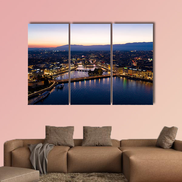 Aerial night view of Geneva city waterfront skyline in Switzerland multi panel canvas wall art