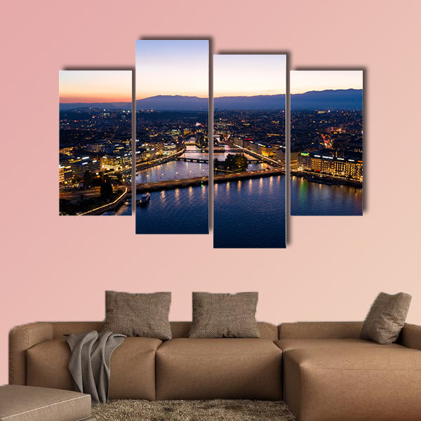 Aerial night view of Geneva city waterfront skyline in Switzerland multi panel canvas wall art