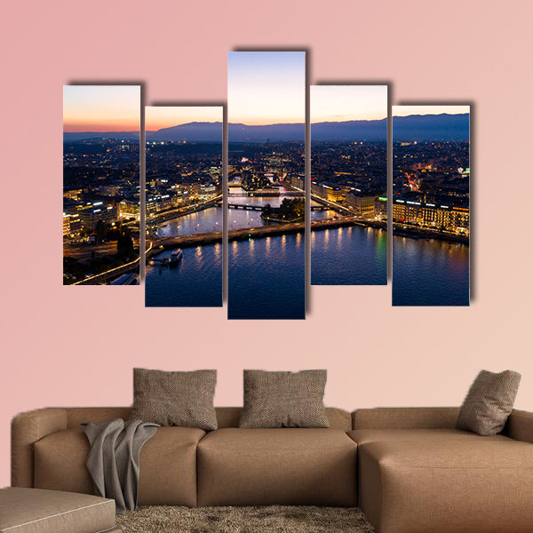 Aerial night view of Geneva city waterfront skyline in Switzerland multi panel canvas wall art