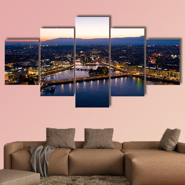 Aerial night view of Geneva city waterfront skyline in Switzerland multi panel canvas wall art