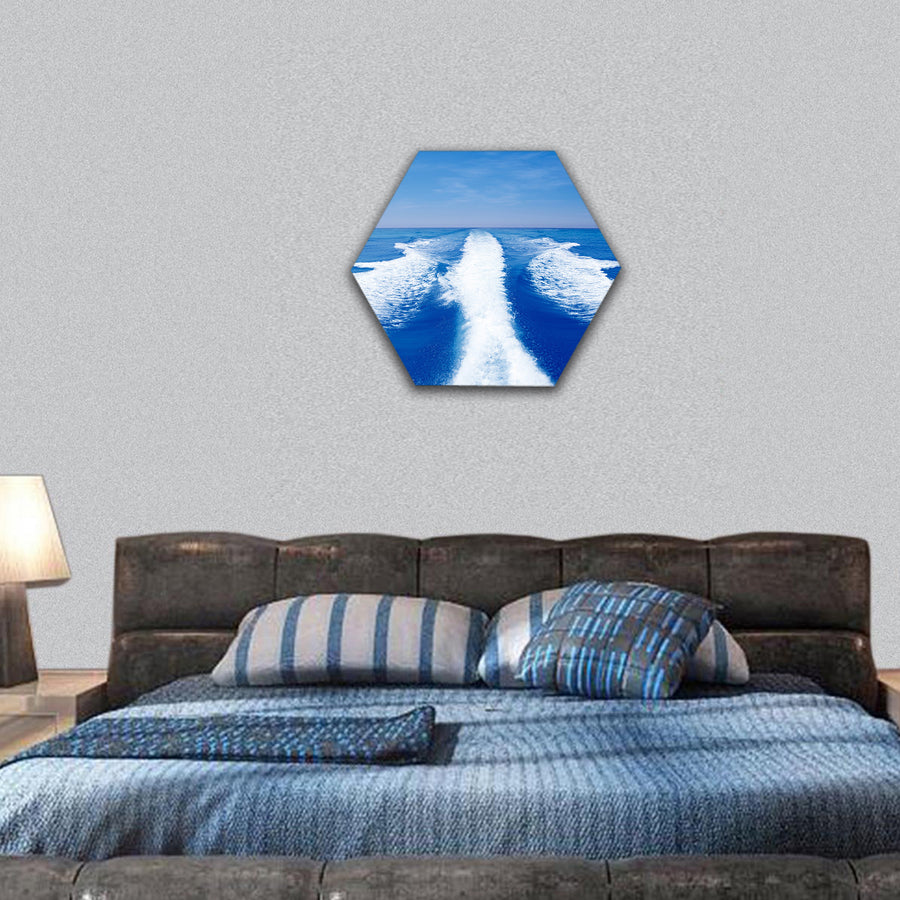 Boat wake prop wash on blue ocean hexagonal canvas wall art