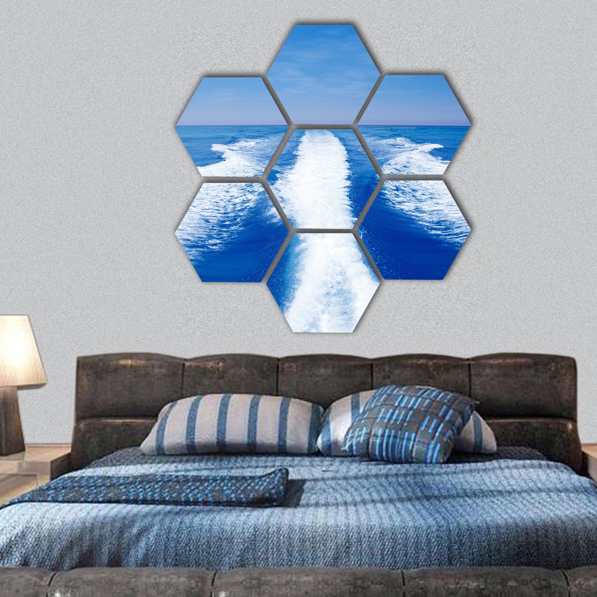 Boat wake prop wash on blue ocean hexagonal canvas wall art