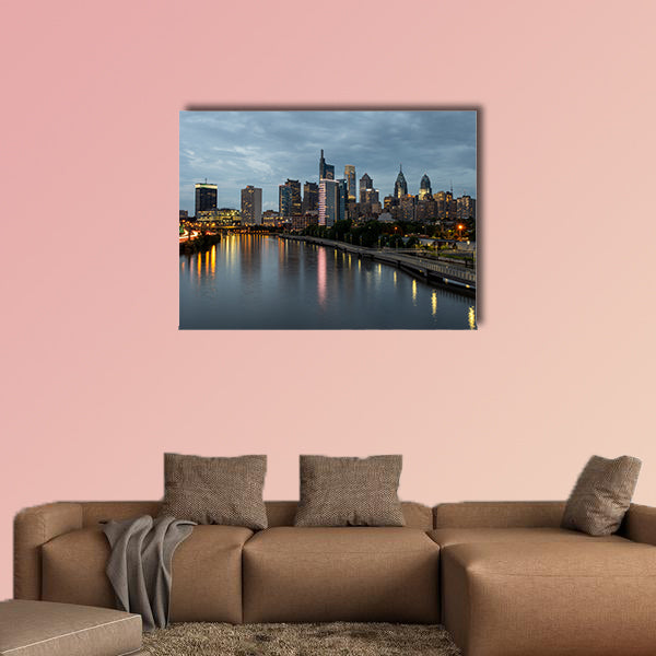 City lights of the Philadelphia skyline at nighttime multi panel canvas wall art