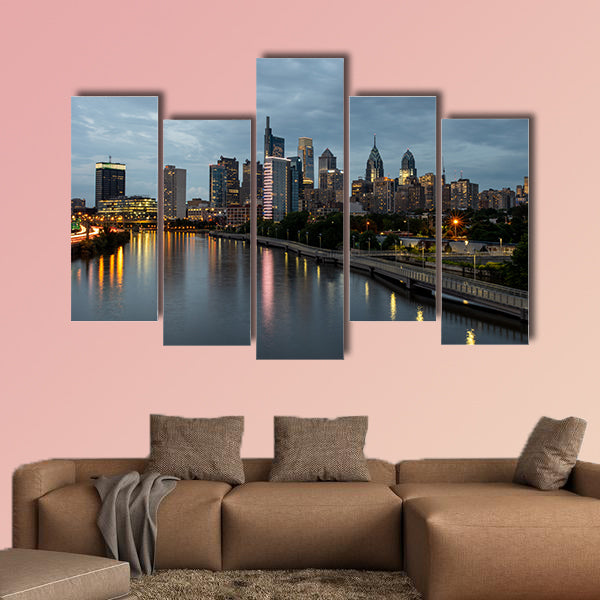 City lights of the Philadelphia skyline at nighttime multi panel canvas wall art