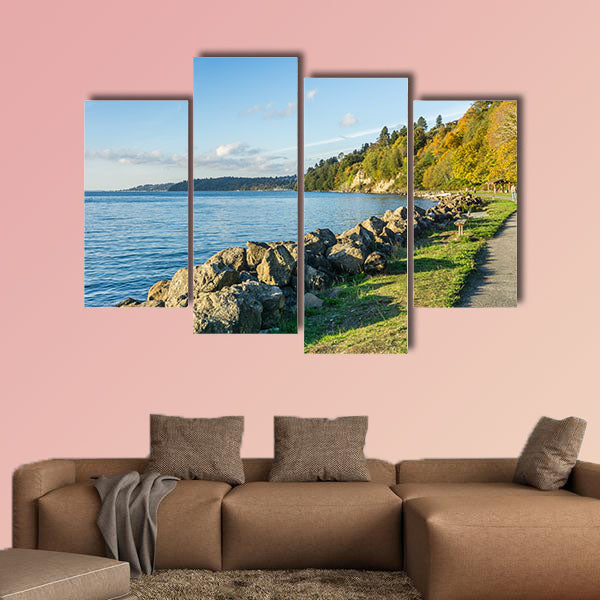 A view of the rocky shoreline at Saltwater State Park in the autumn multi panel canvas wall art