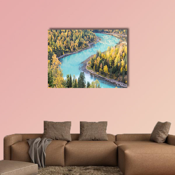 Beautiful xinjiang kanas autumn landscape of charming moon bay, China multi panel canvas wall