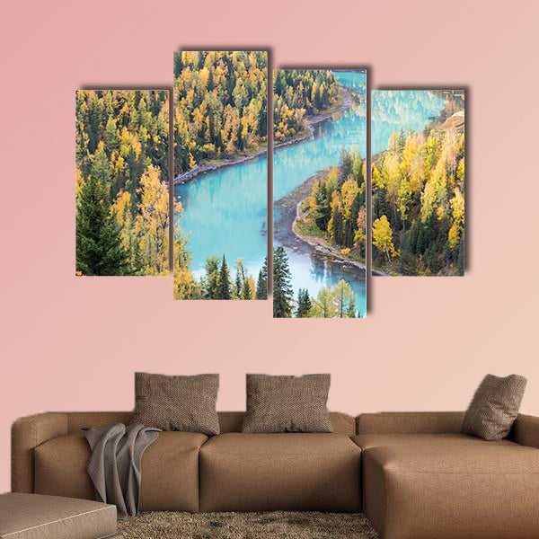 Beautiful xinjiang kanas autumn landscape of charming moon bay, China multi panel canvas wall