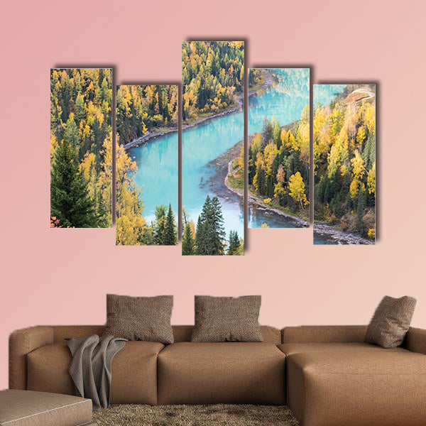 Beautiful xinjiang kanas autumn landscape of charming moon bay, China multi panel canvas wall
