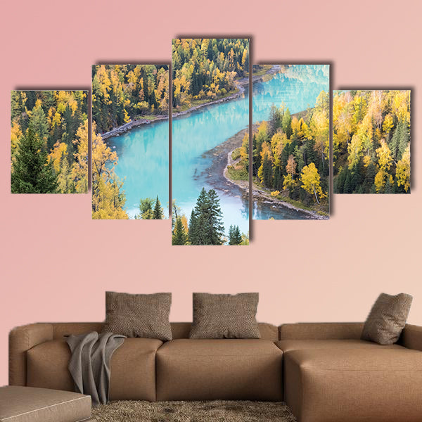 Beautiful xinjiang kanas autumn landscape of charming moon bay, China multi panel canvas wall