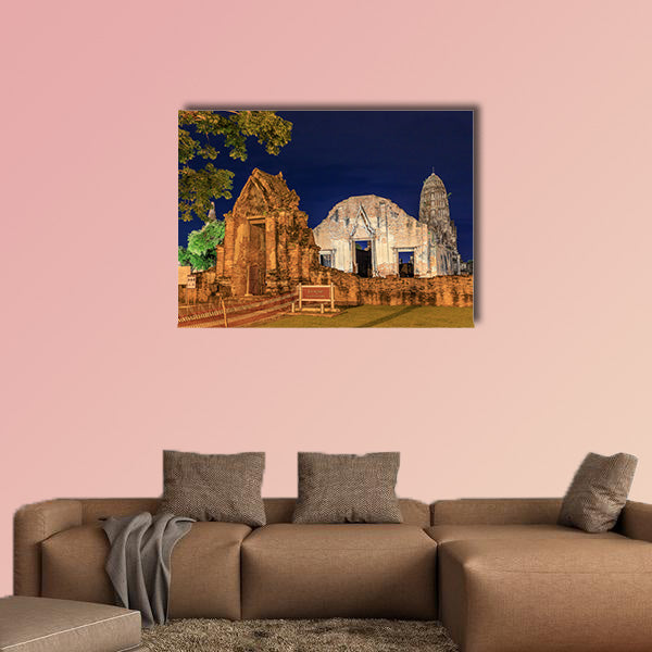 Wat Ratburana temple at night with light up, Ayutthaya multi panel canvas wall