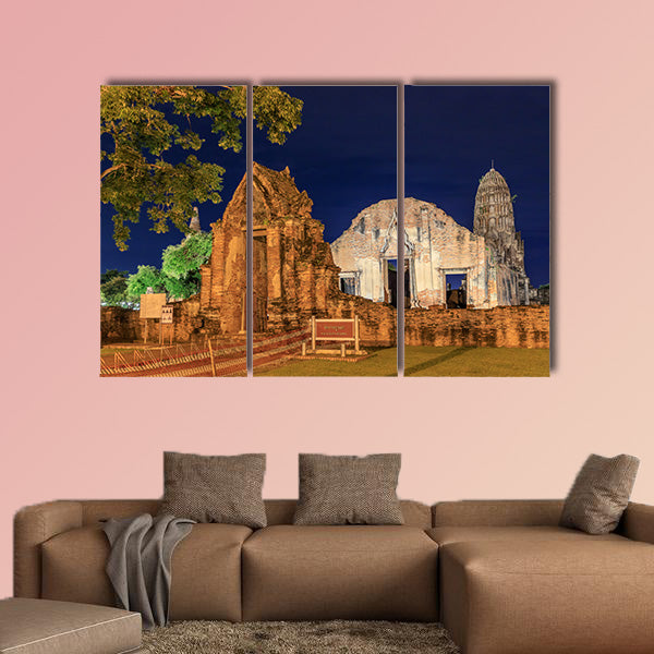 Wat Ratburana temple at night with light up, Ayutthaya multi panel canvas wall