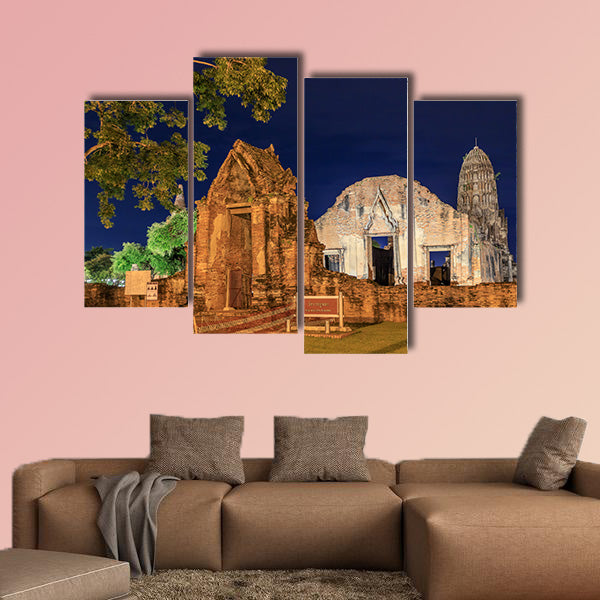 Wat Ratburana temple at night with light up, Ayutthaya multi panel canvas wall