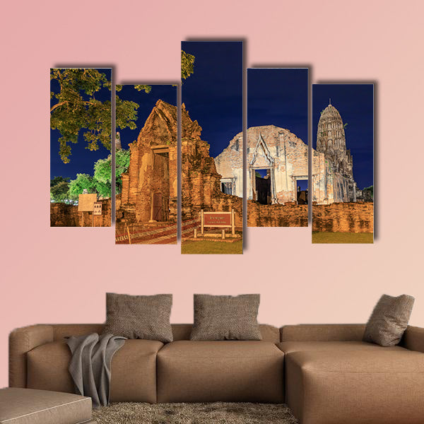 Wat Ratburana temple at night with light up, Ayutthaya multi panel canvas wall