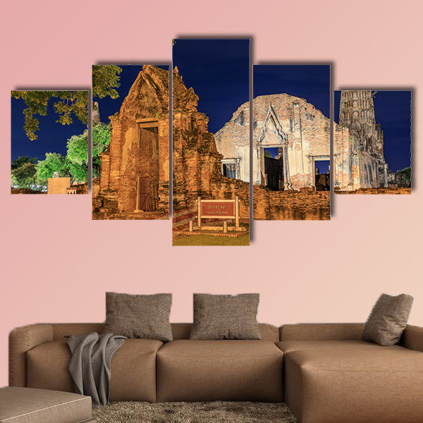 Wat Ratburana temple at night with light up, Ayutthaya multi panel canvas wall