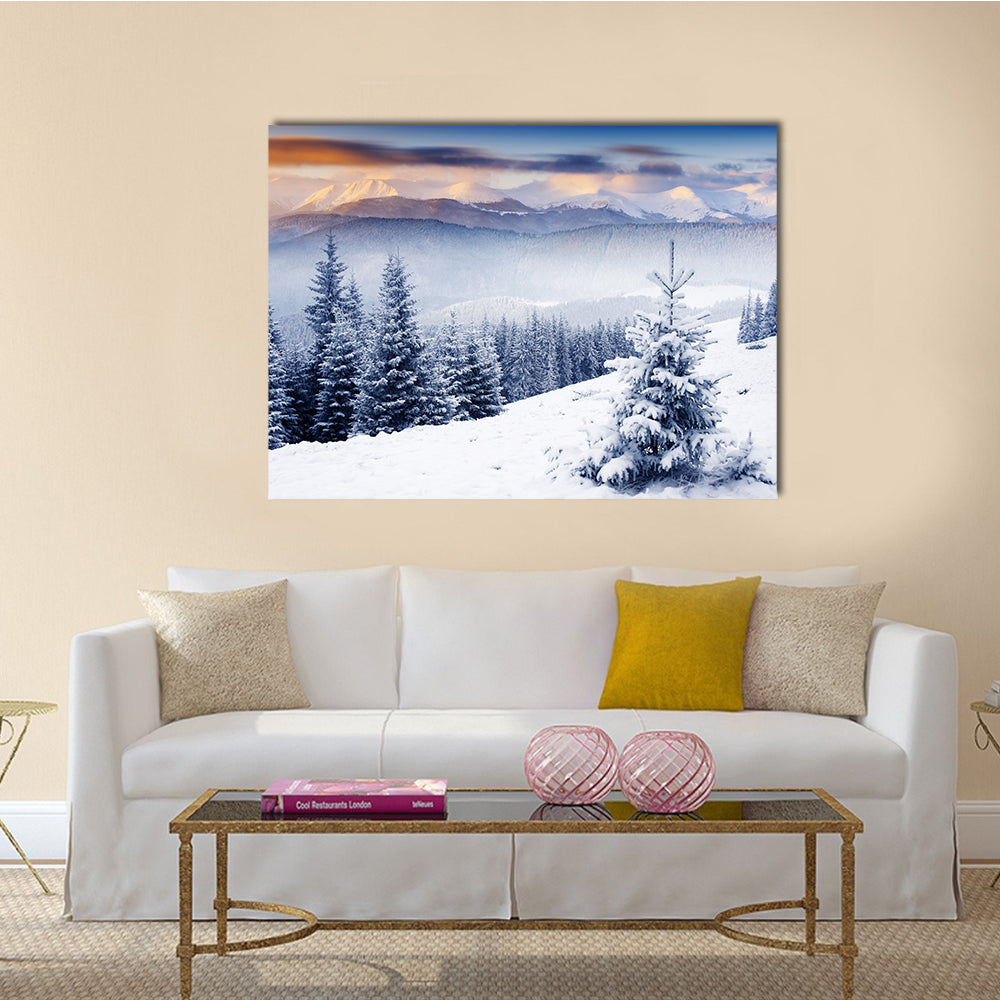 A frosty and sunny day is in mountains multi panel canvas wall art