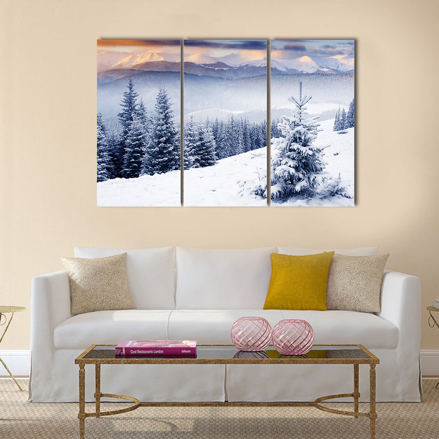 A frosty and sunny day is in mountains multi panel canvas wall art