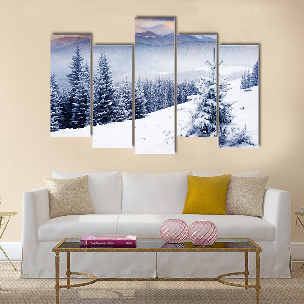 A frosty and sunny day is in mountains multi panel canvas wall art