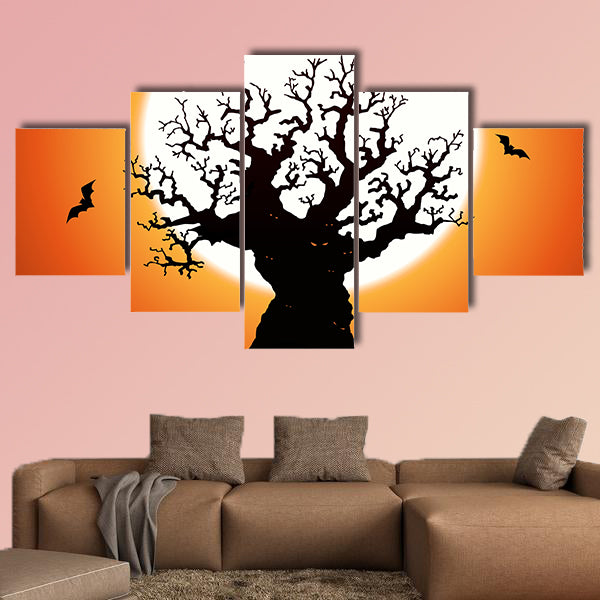 Illustration of a Halloween frightening wicked tree with evil eyes, graveyard, multi panel canvas wall art