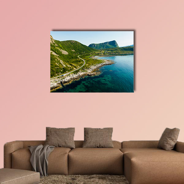 Seascape with scenic rocky shoreline and high mountains. Northern wall art