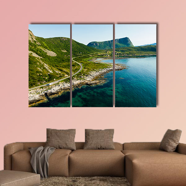 Seascape with scenic rocky shoreline and high mountains. Northern wall art