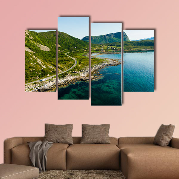 Seascape with scenic rocky shoreline and high mountains. Northern wall art
